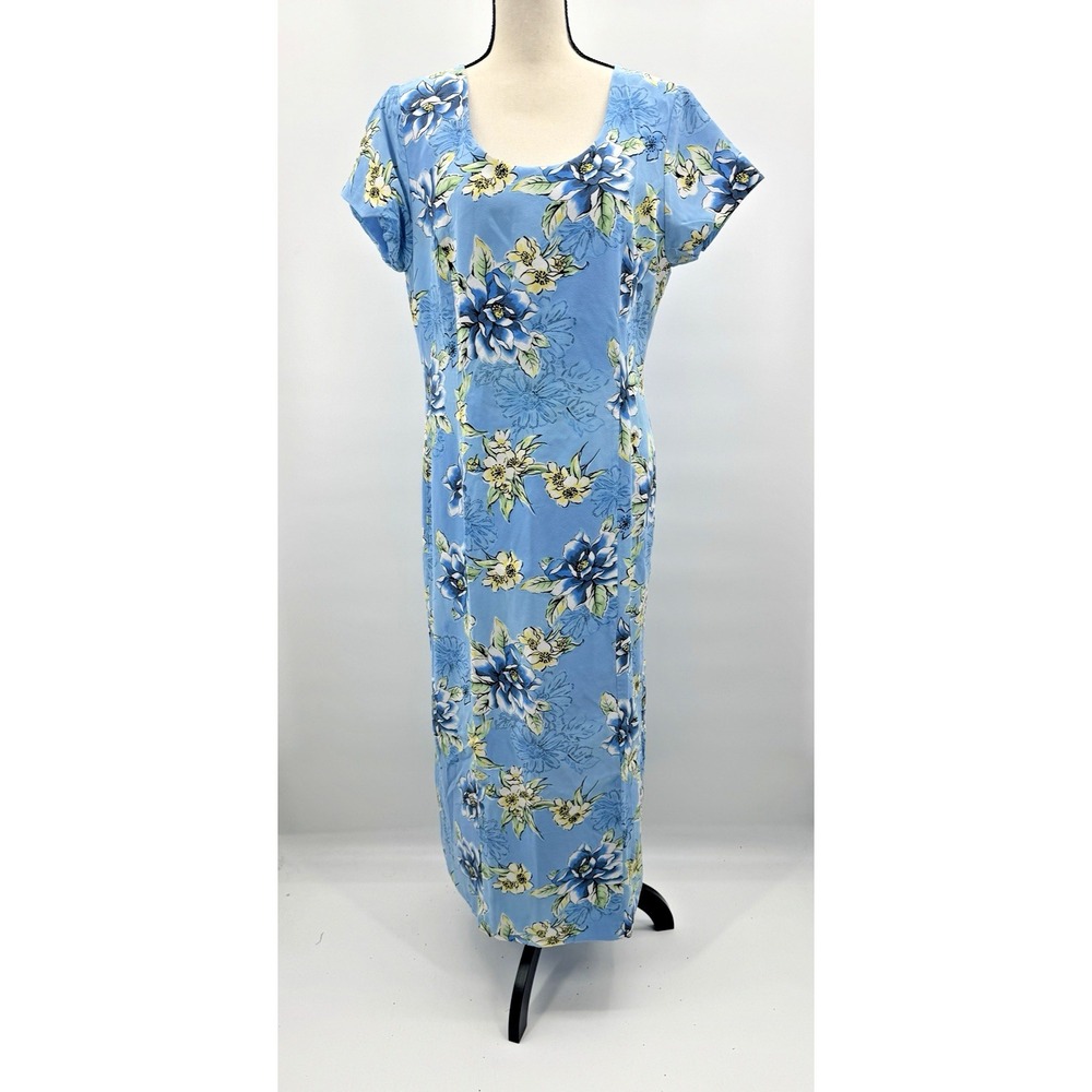 VTG Silk Blue Floral Hawaiian Dress 14 Maxi Short Sleeve Lined Cottagecore Fairy